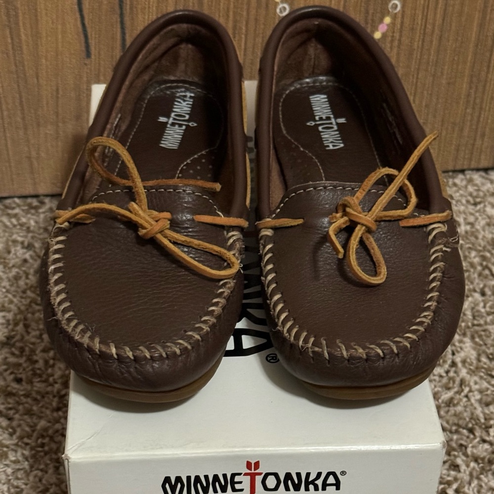 Minnetonka Dark Brown Moccasins with Tan Accents